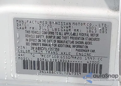 2020 Nissan Sentra Sv Xtronic Cvt из США, поврежденный, VIN 3N1AB8CV5LY267359